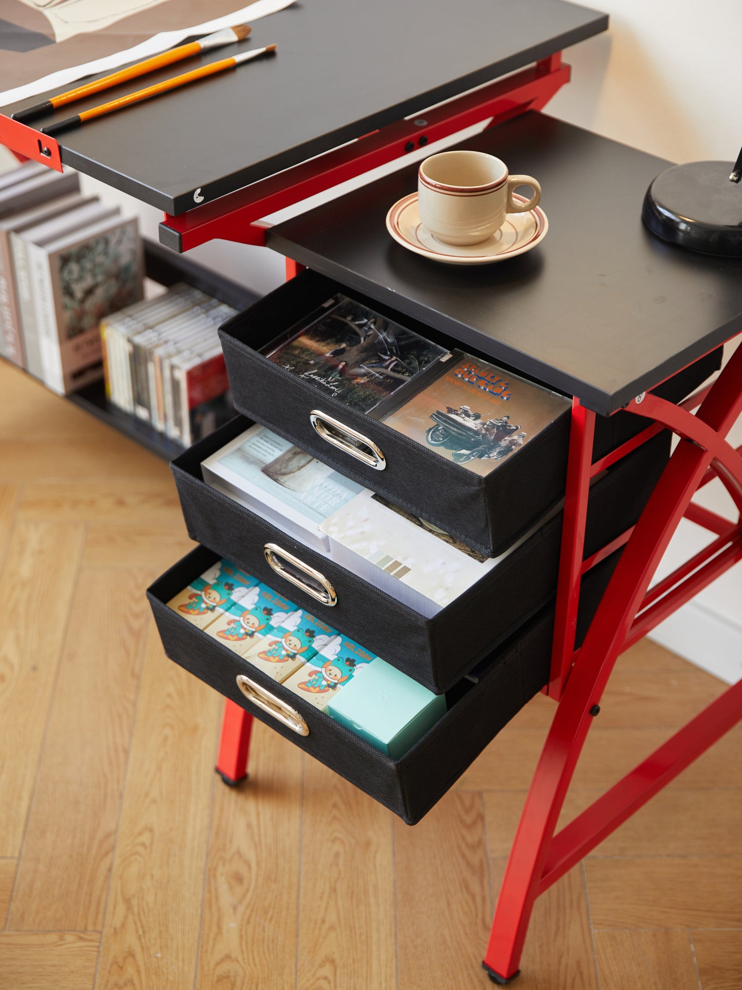 Chic Red Drafting Table Set with Stool