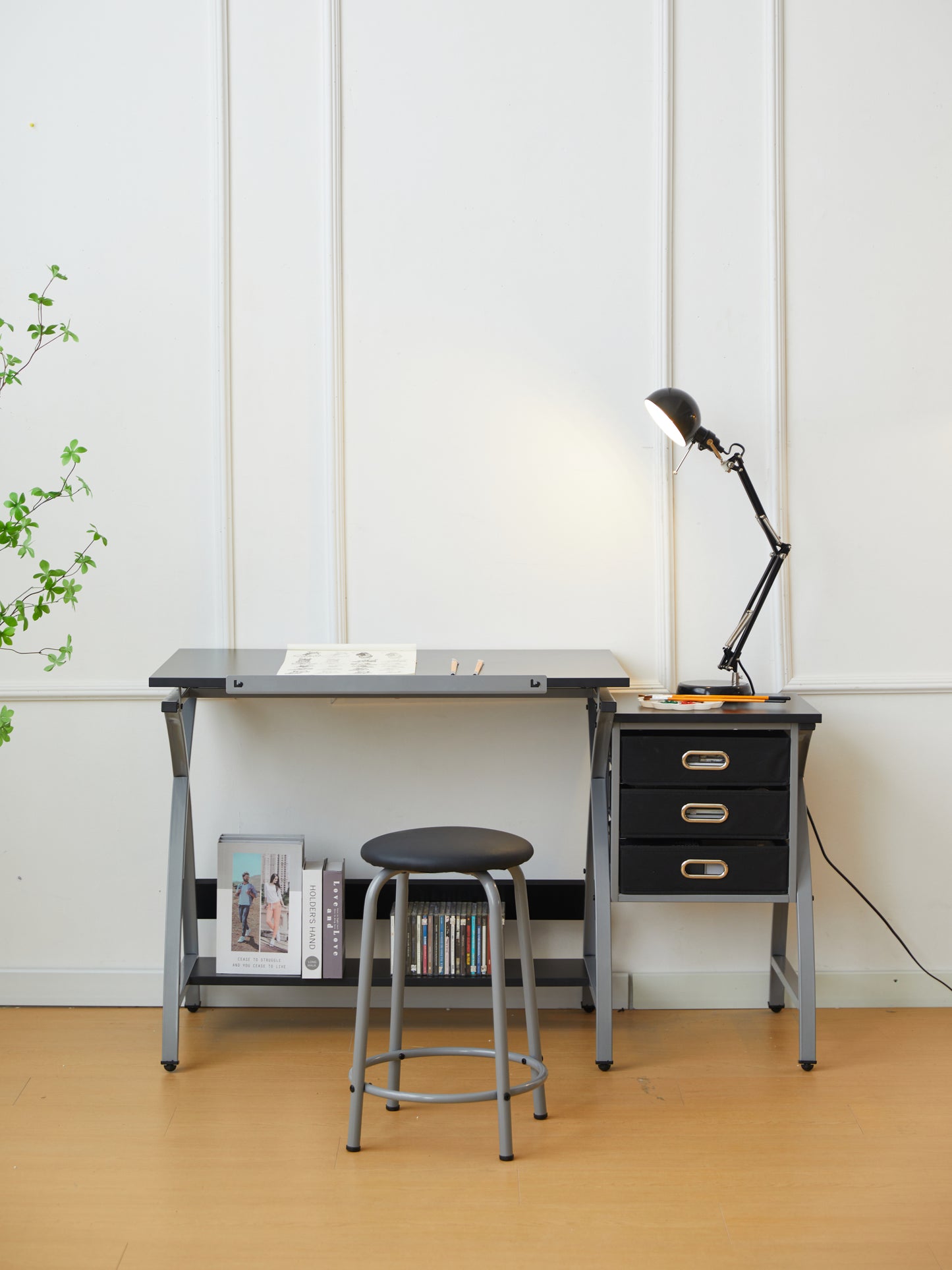 Sleek Drawing Desk with Stool