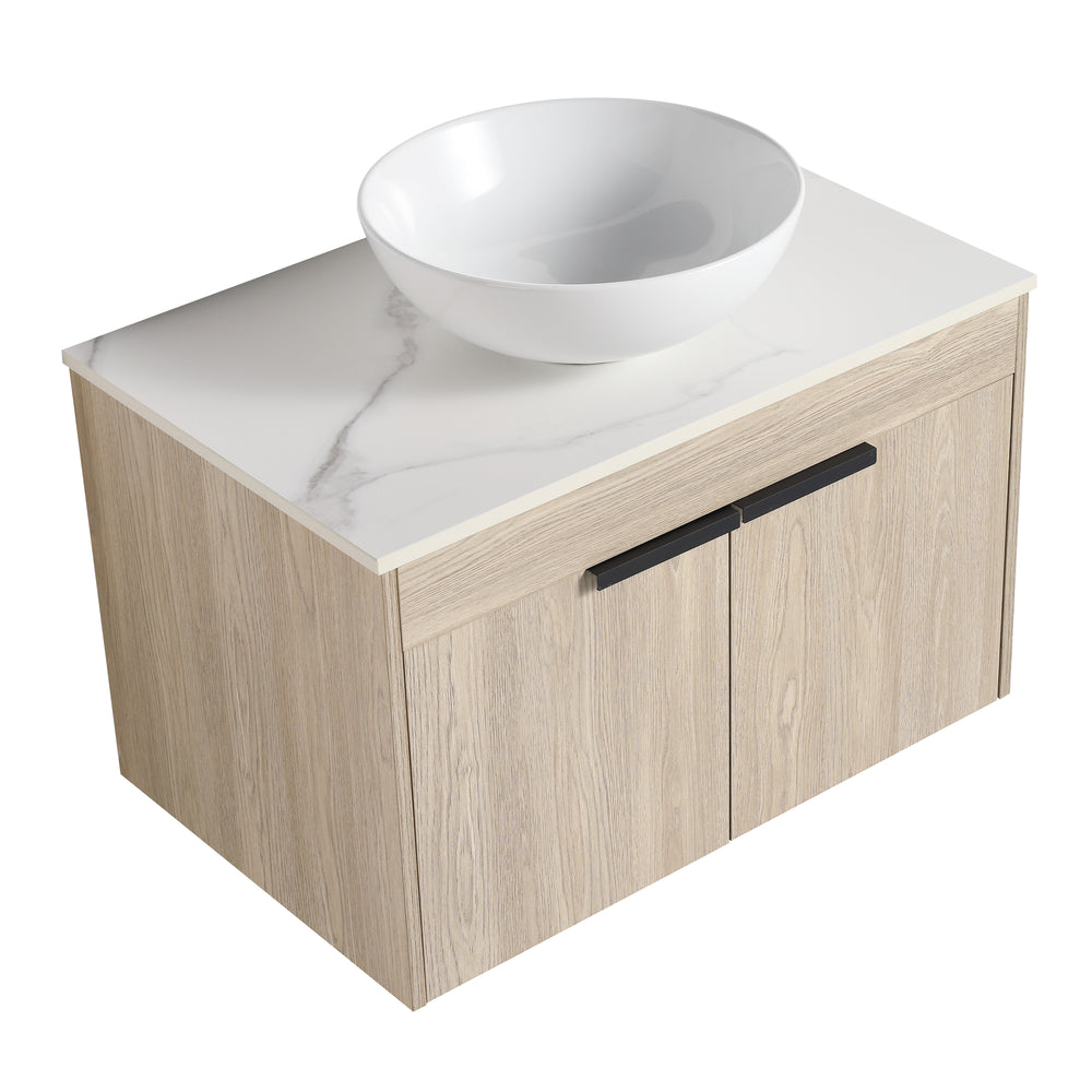 Sleek Oak Wall-Mounted Float Vanity with Ceramic Basin