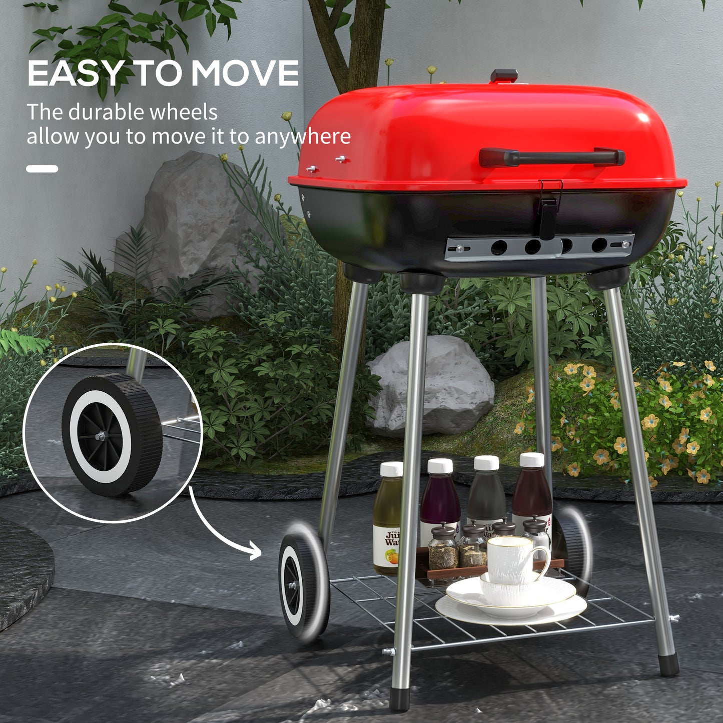 Outsunny Portable Charcoal BBQ Grill & Smoker with Wheels