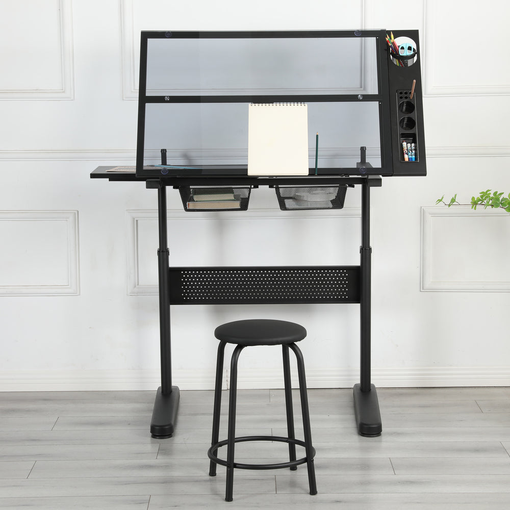 Versatile Hand-Crank Drafting Desk with Stool and Storage