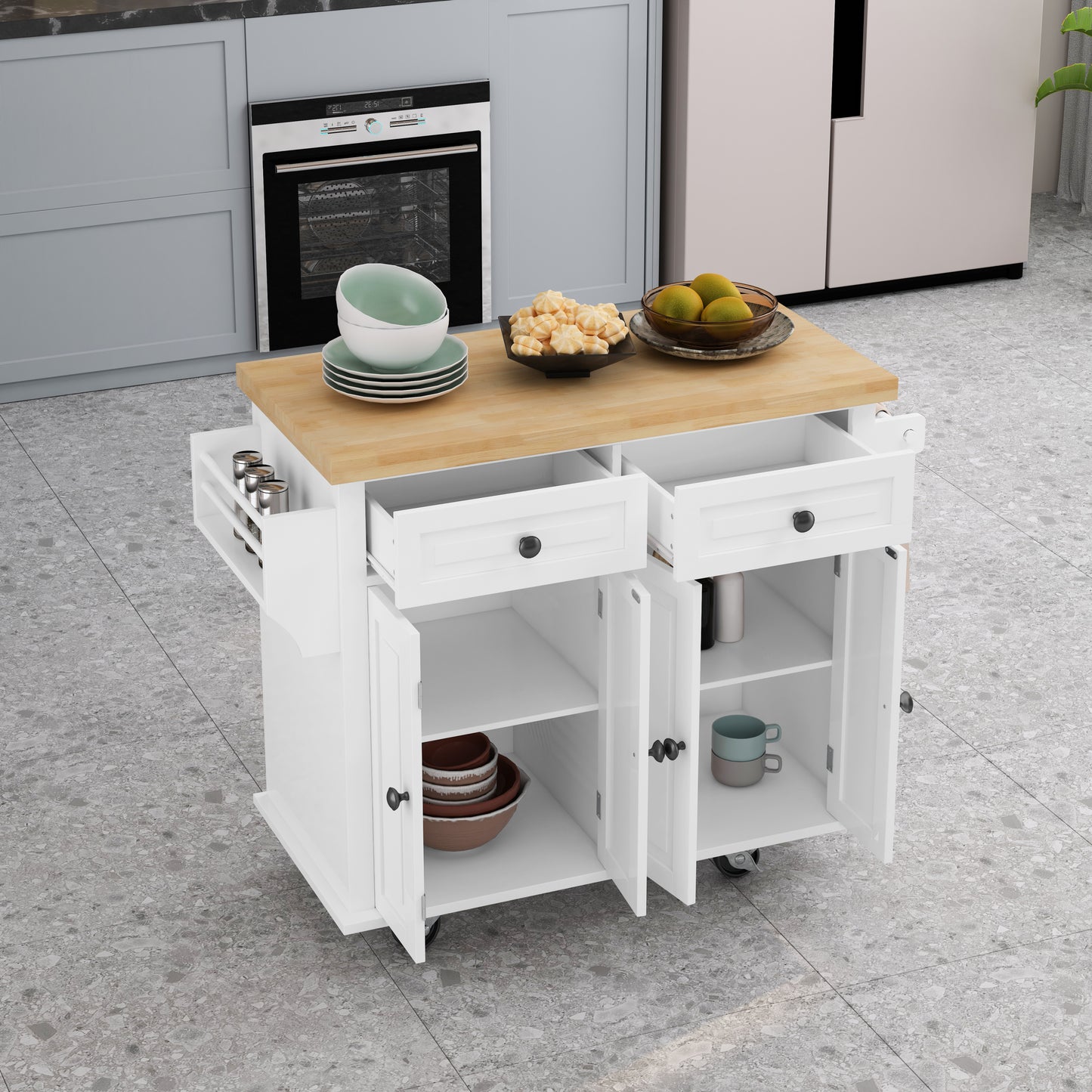 Versatile White Kitchen Island Cart with Storage & Locking Wheels