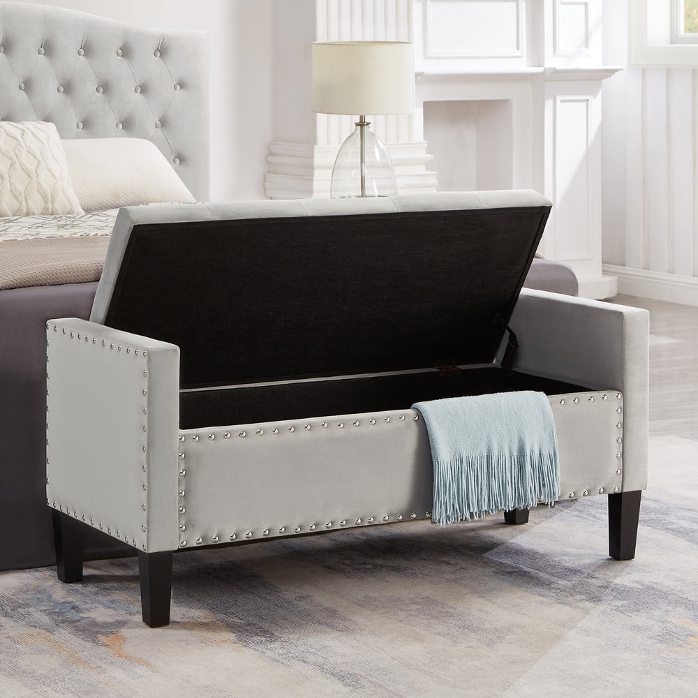 Cozy Gray Storage Bench with Armrests