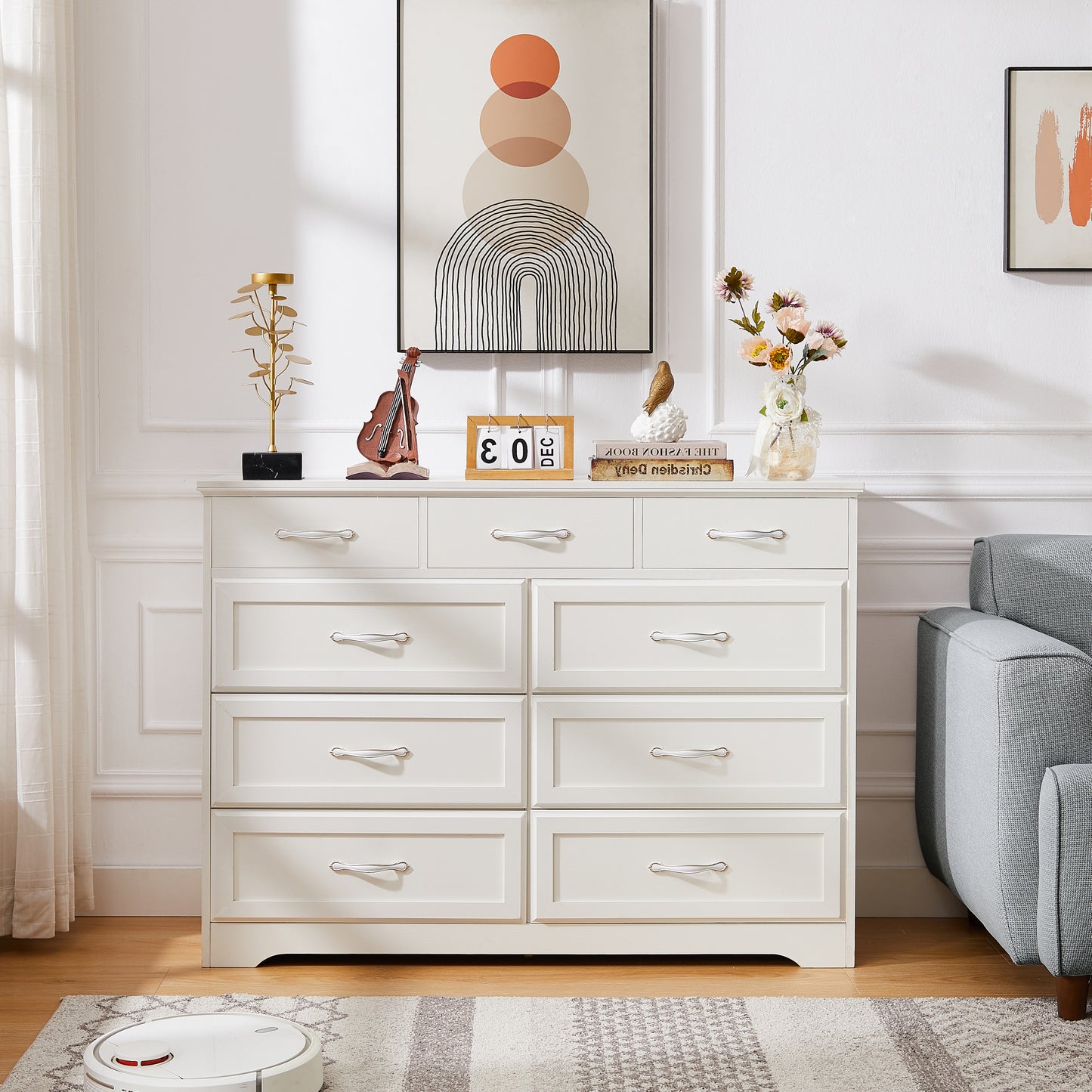 Charming White 9-Drawer Dresser with Antique Handles