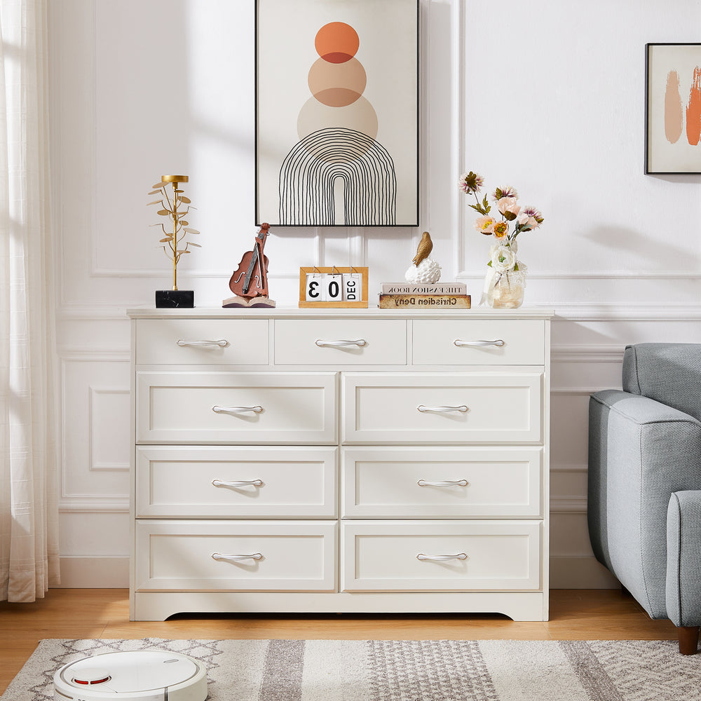 Charming White 9-Drawer Dresser with Antique Handles