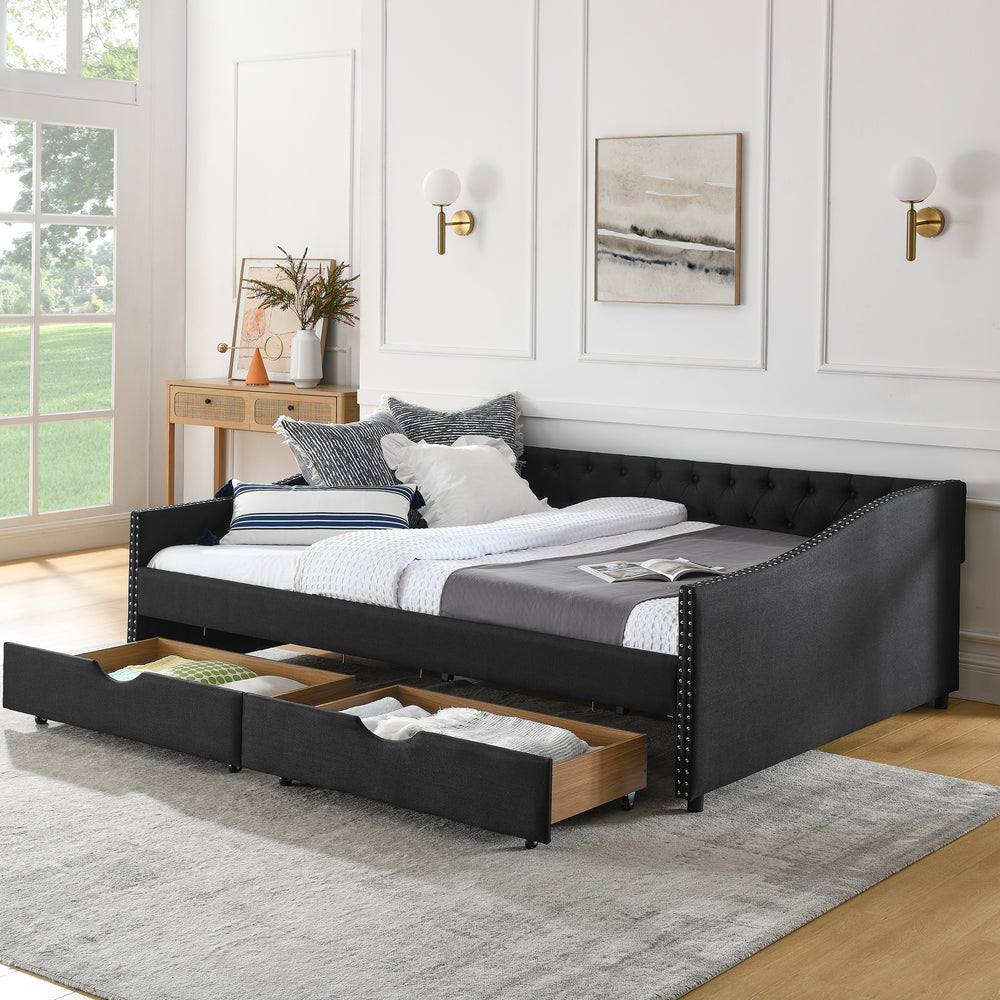 Chic Queen Upholstered Daybed with Storage Drawers