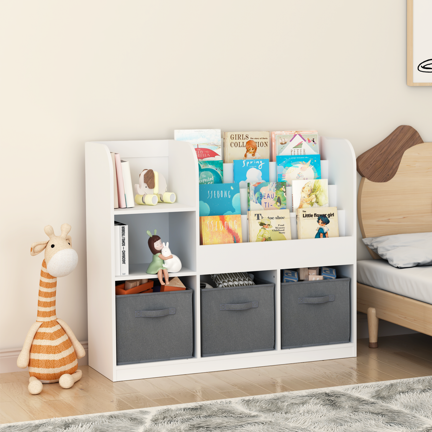 Playful Kids' Bookcase with Storage Bins