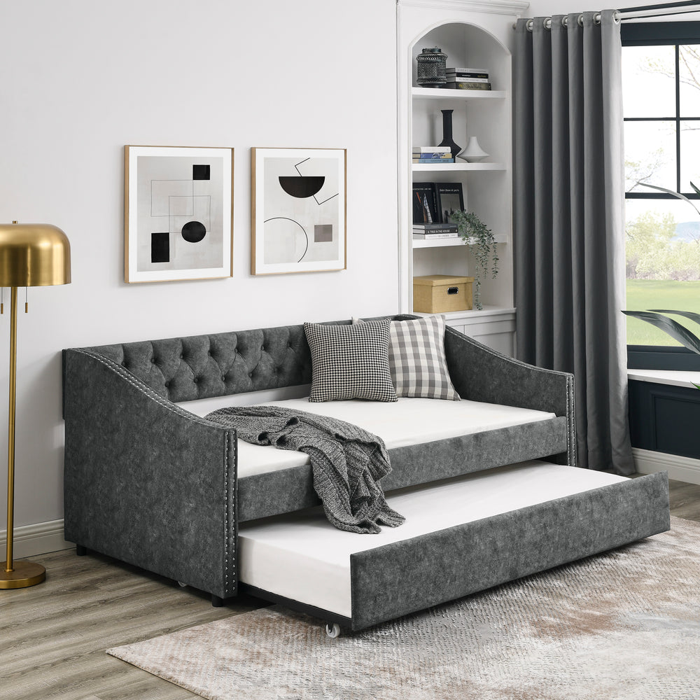 Chic Grey Daybed with Trundle & Stylish Tufted Design