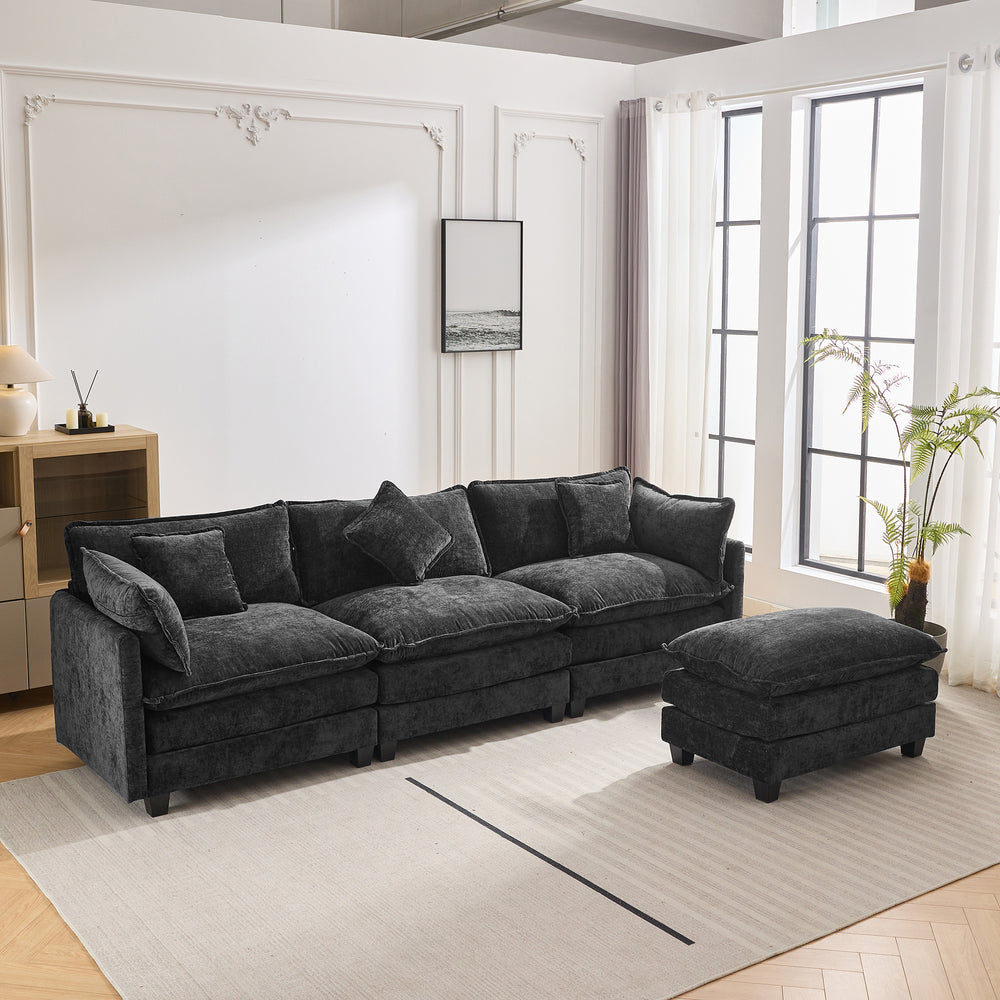 Chic L-Shape Chenille Sofa with Ottoman & Pillows