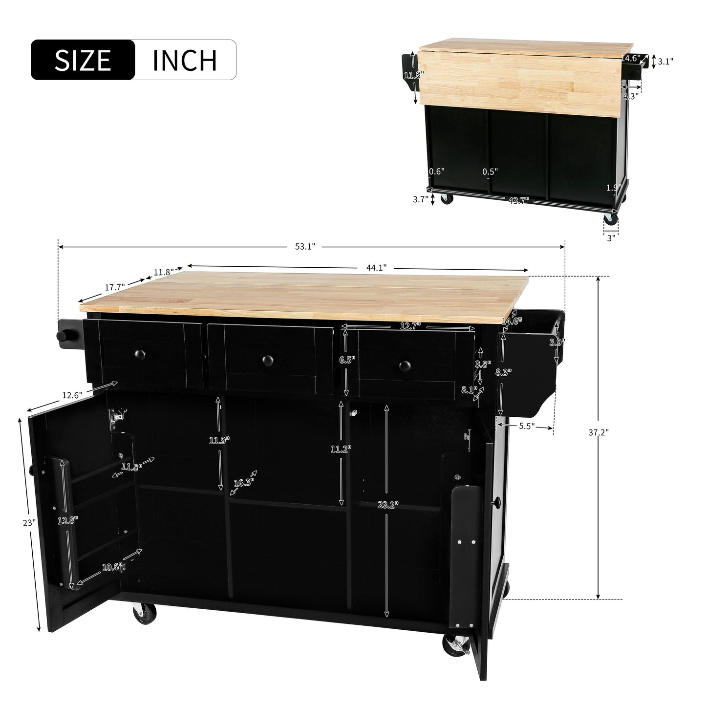 Versatile Black Kitchen Cart with Drop-Leaf Top and Storage Wheels