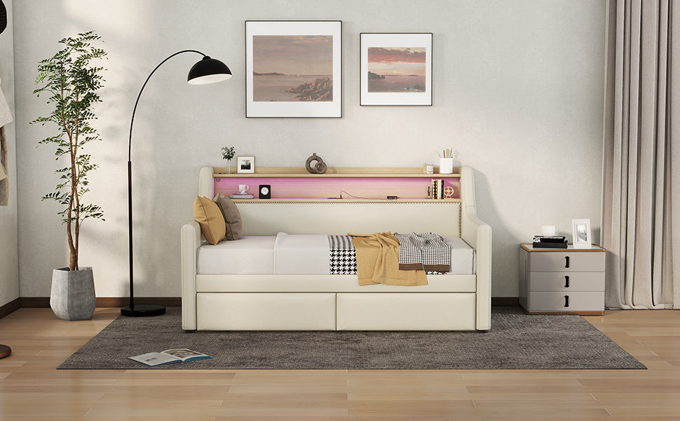 Cozy Beige Daybed with Storage & LED Lights