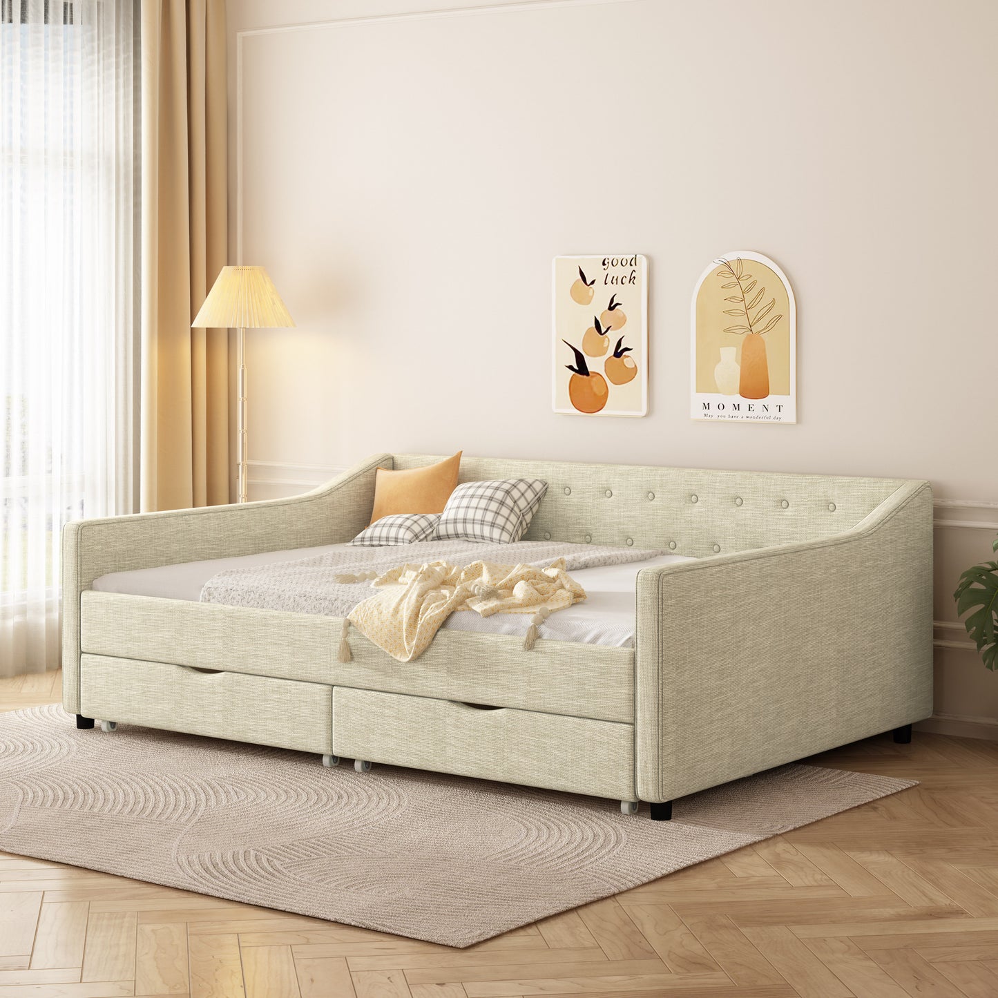 Cozy Upholstered Daybed with Storage Drawers - Beige Elegance