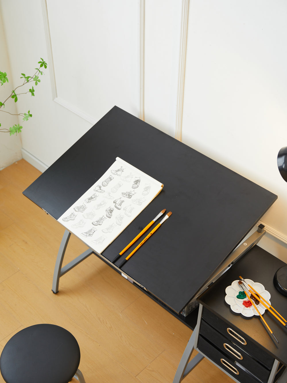 Sleek Drawing Desk with Stool