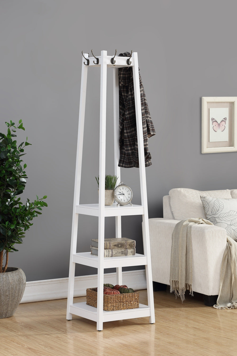 Chic White Coat Rack with Stylish Shelves