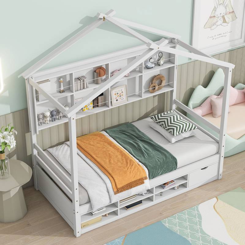 Cozy Twin House Bed with Roof & Storage