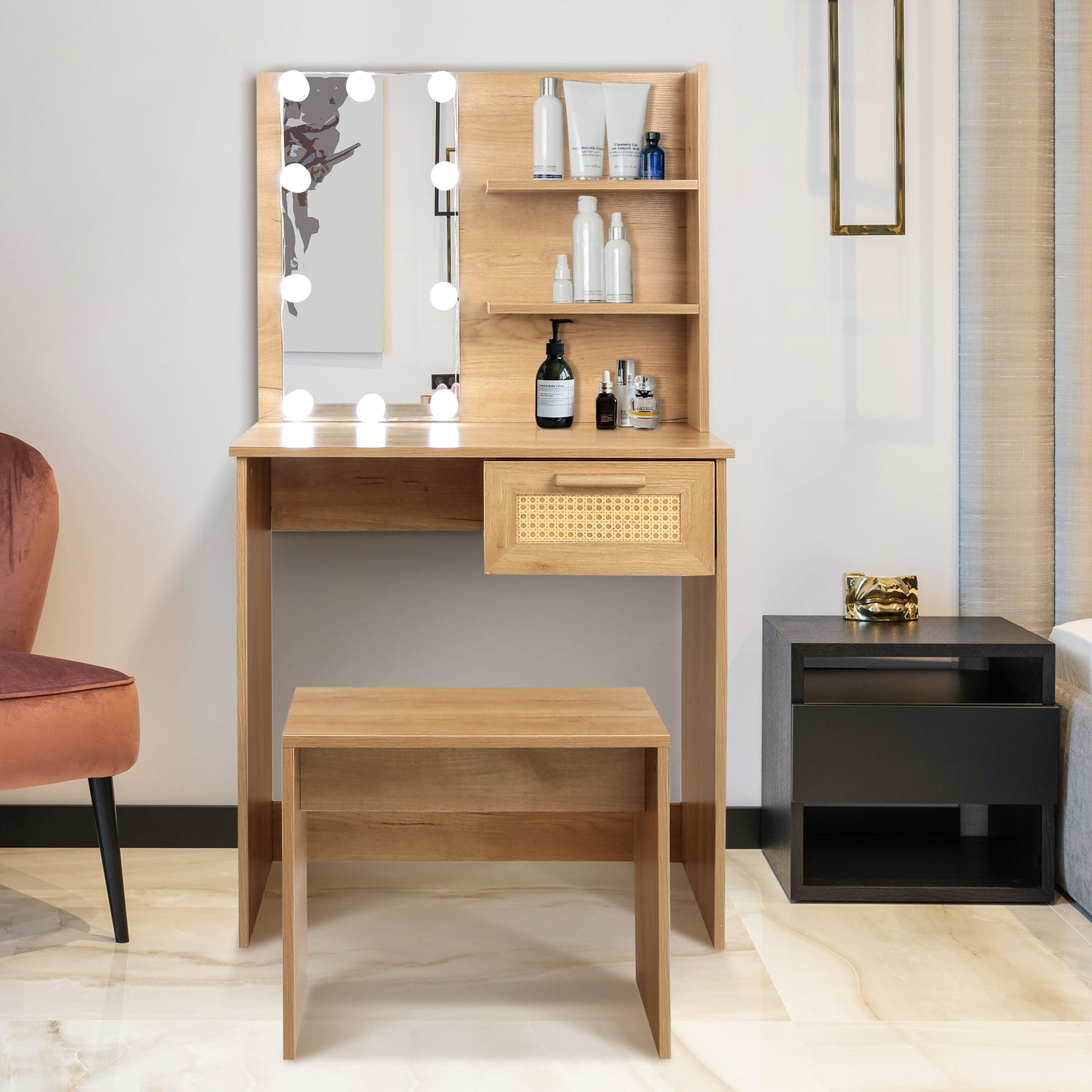 Radiant Vanity Set with Stool and LED Mirror