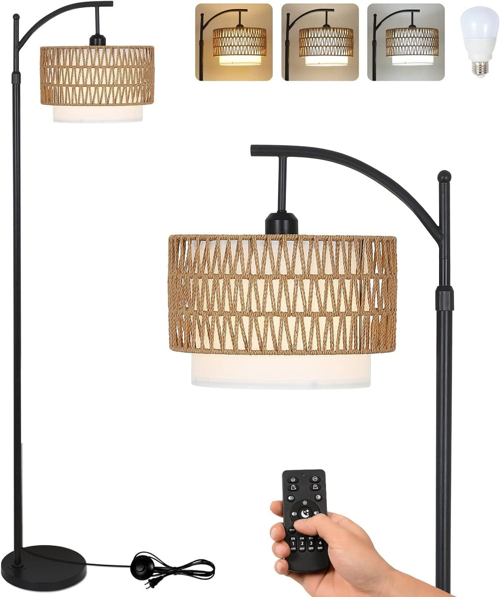 Cozy Arc Floor Lamp with Remote Control and Dimmable Rattan Shades