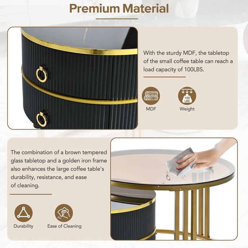 Chic Nesting Coffee Tables with Drawers - Sleek Round Design in Black and Brown Glass