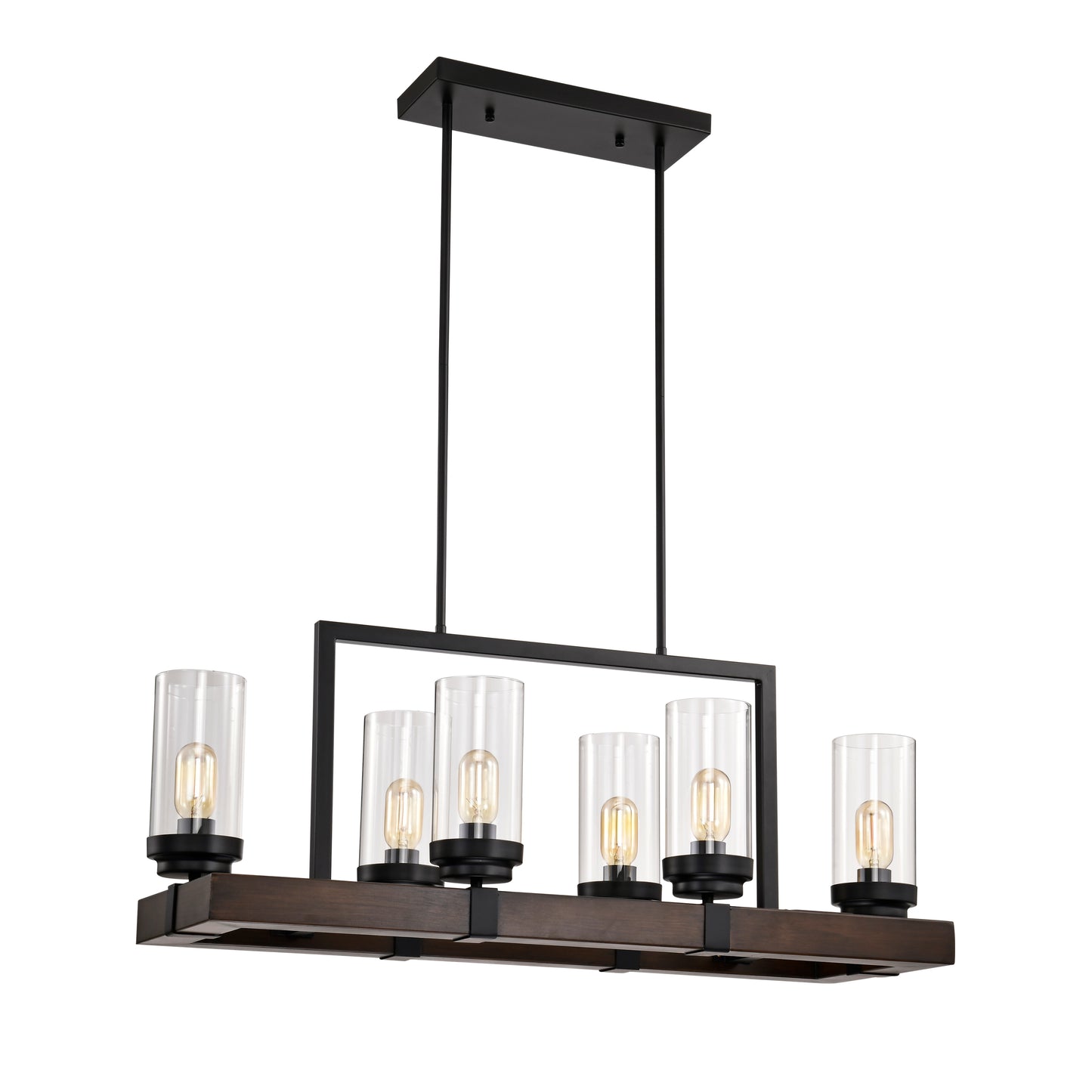 Modern Matte Black & Wood Chandelier - Adjustable 6-Light Pendant