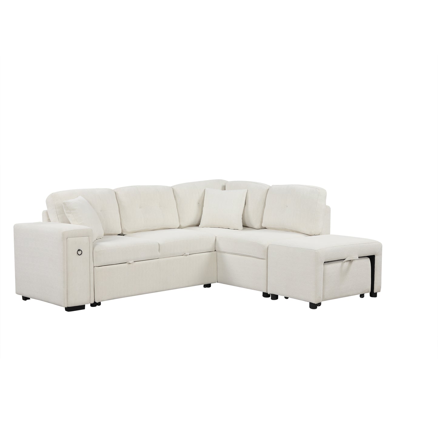 Haven L-Shaped Sofa Bed with Ottoman & USB Ports - Beige