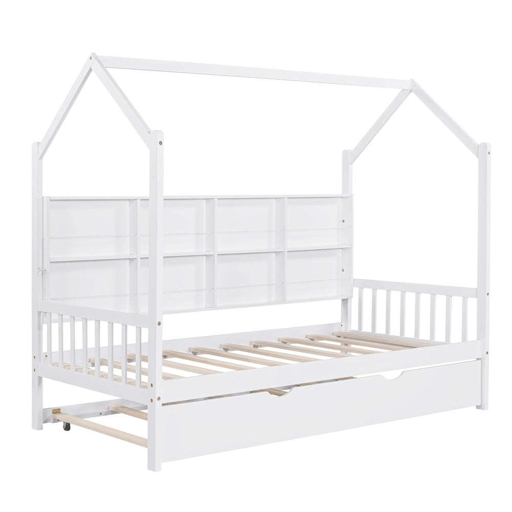 Cozy Wood House Bed with Trundle for Kids