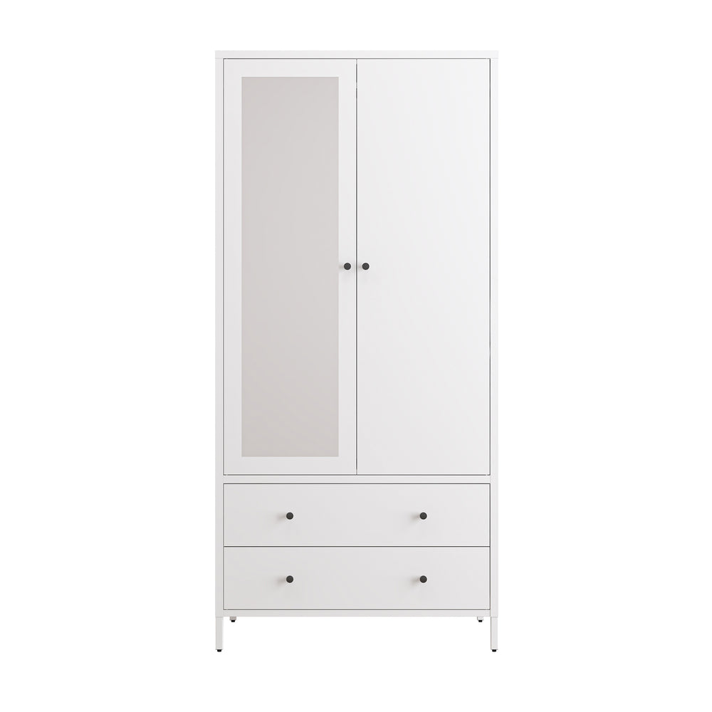 Chic White Metal Wardrobe with Mirror and Drawers