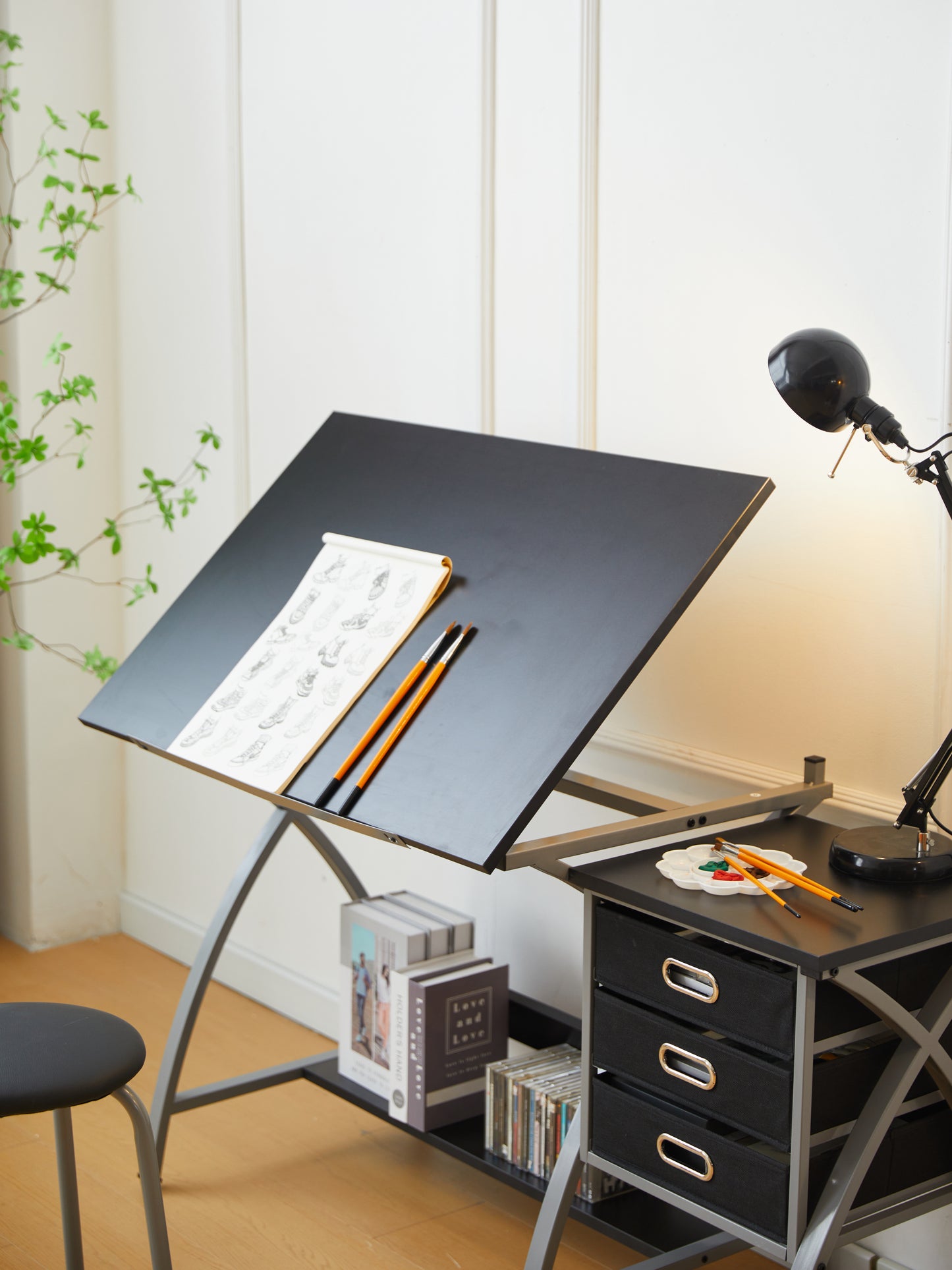 Sleek Drawing Desk with Stool