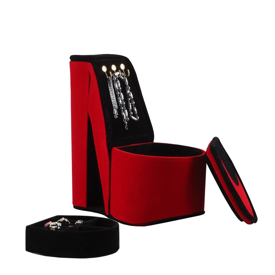 Chic Red Velvet Jewelry Box with High Heel Design