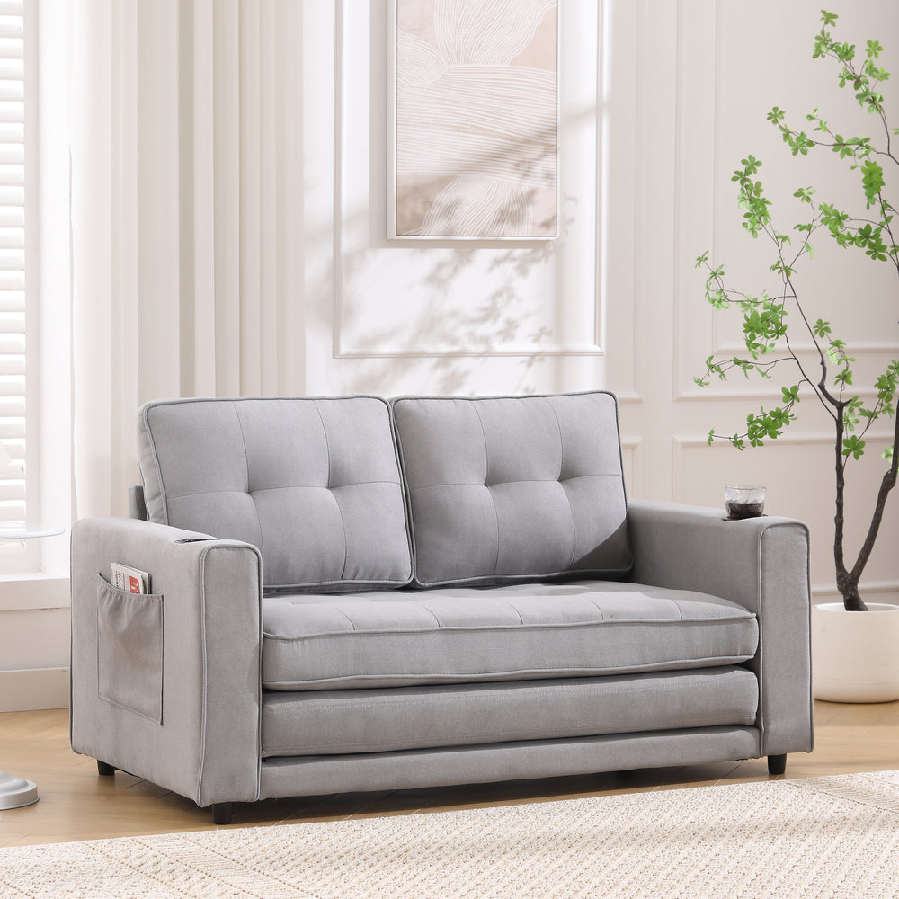 Cozy Convertible Futon Sofa Bed – Light Gray Loveseat with Side Pockets & Cup Holder