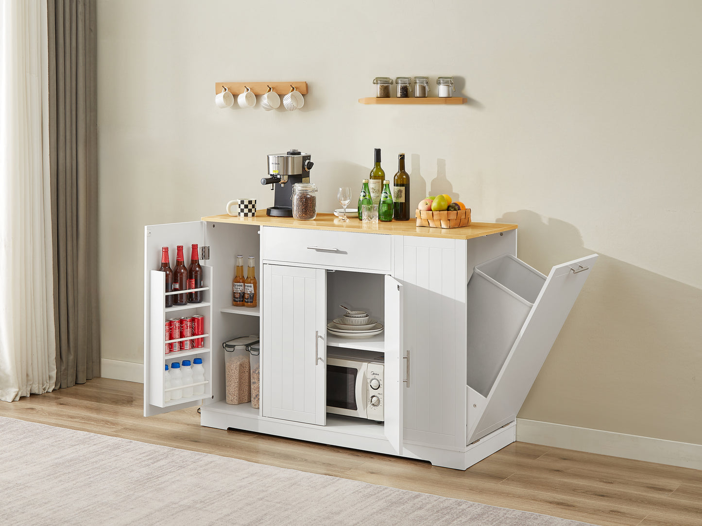 Spacious Kitchen Island with Trash Bin & Storage