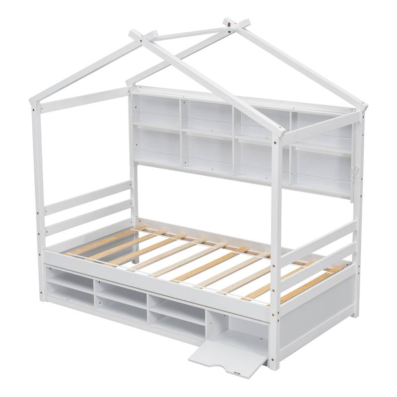 Cozy Twin House Bed with Roof & Storage