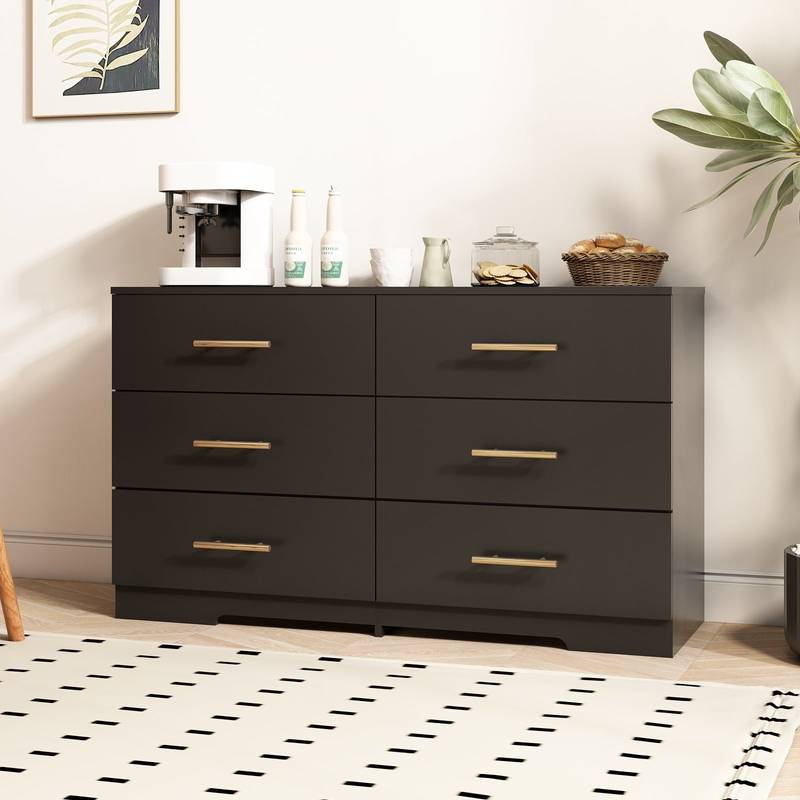 Elegant Black 6-Drawer Dresser with Gold Accents