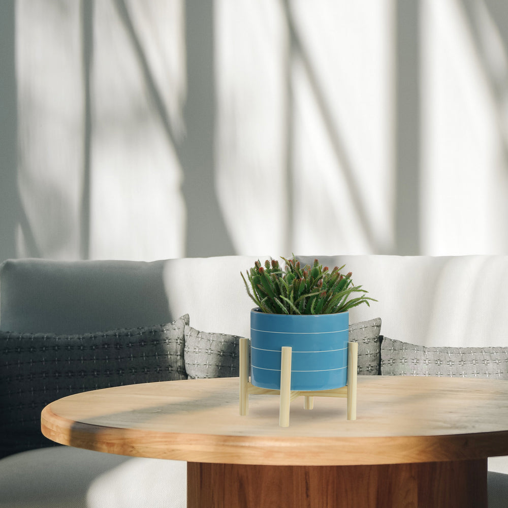 Sky Blue Striped Planter with Wooden Stand