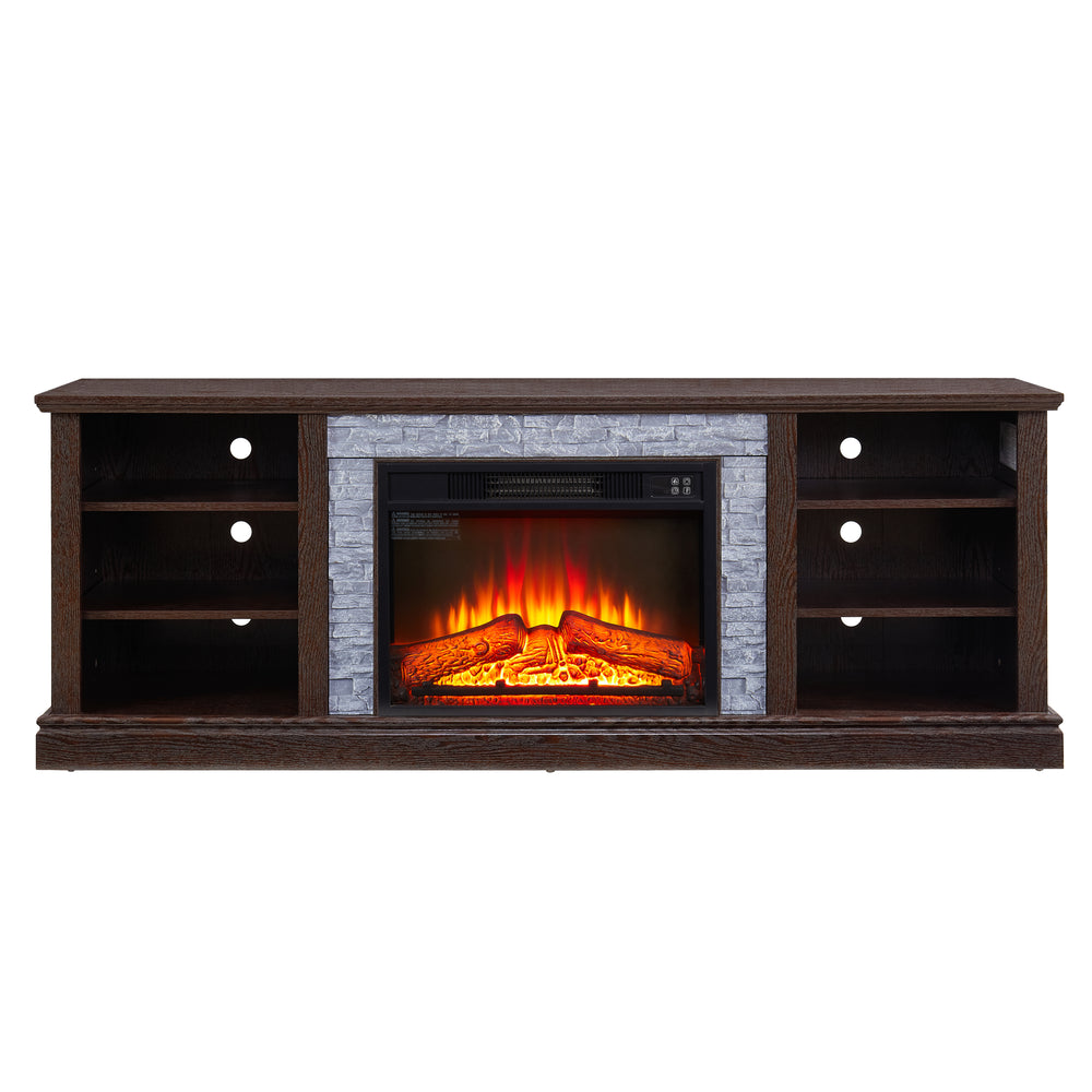 Cozy Cherry TV Stand with Faux Stone and Fireplace