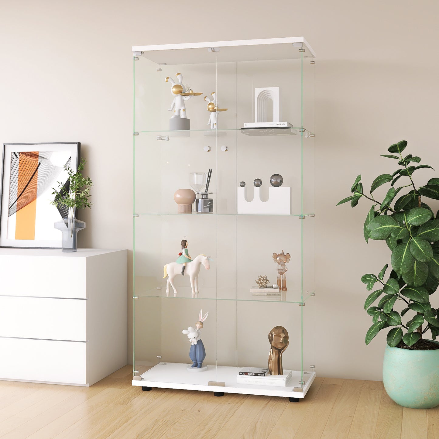 Chic White Glass Display Cabinet with Shelves