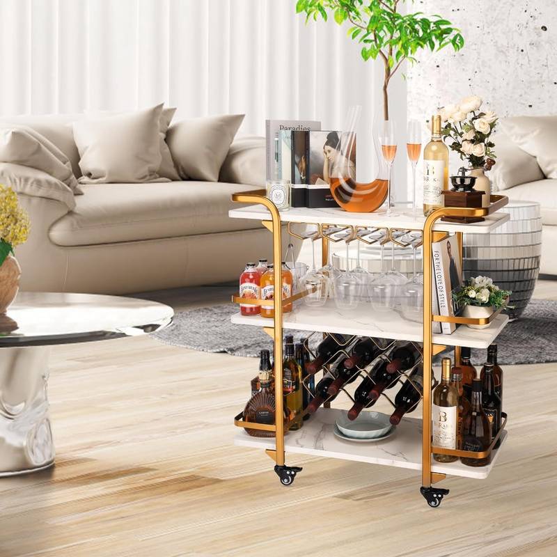 Glam Gold Bar Cart - Chic 3-Tier Storage & Wine Rack on Wheels