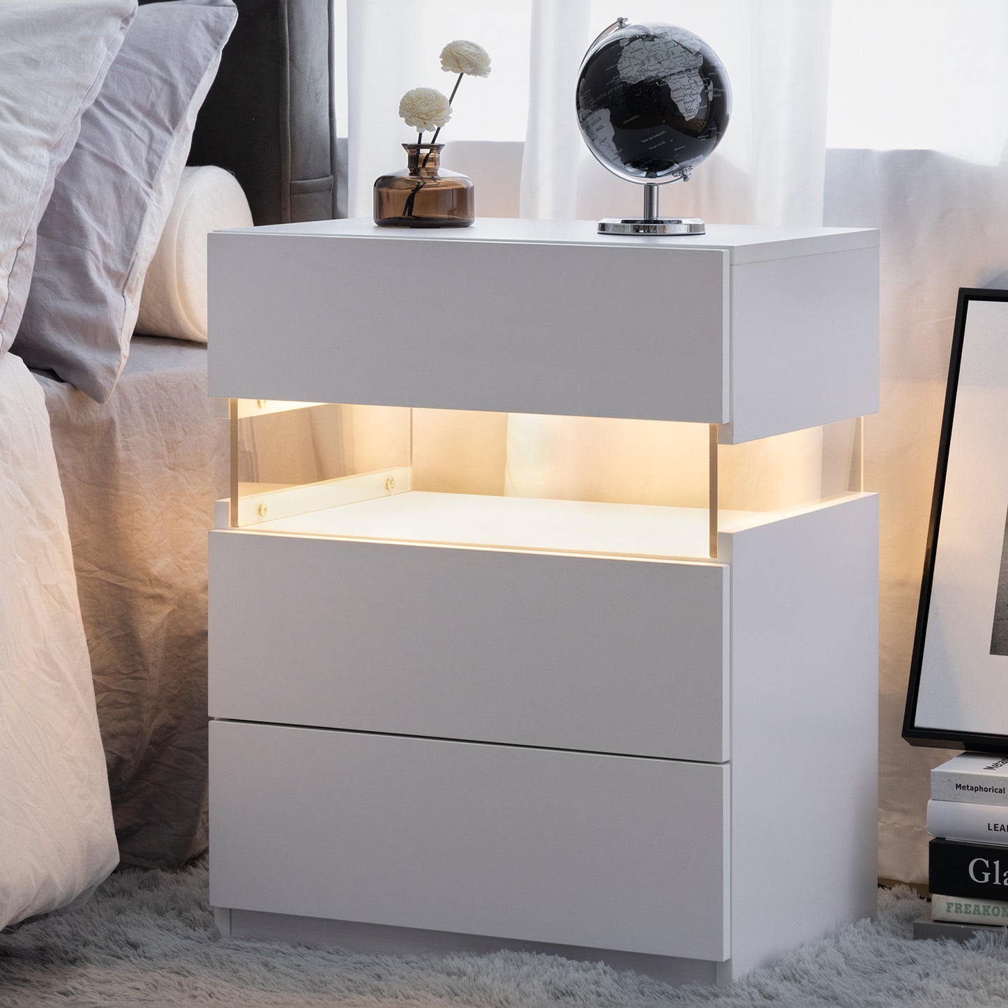 Glow Nightstand with Drawers – Modern LED Bedside Table in White