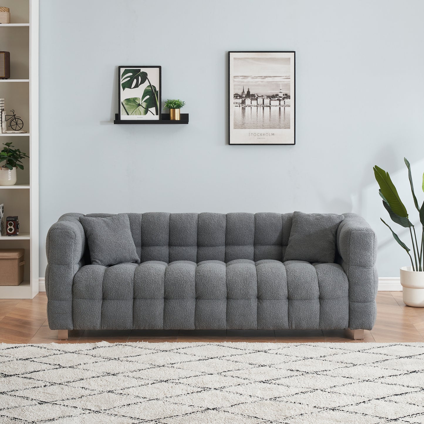 Cozy Grey Teddy Fleece Sofa with Throw Pillows