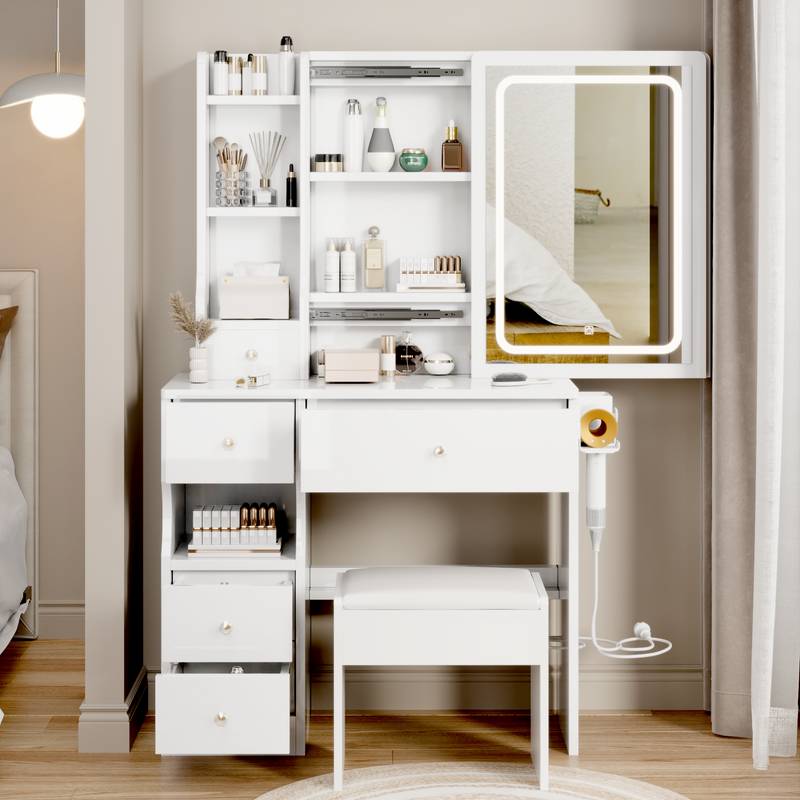 Chic Space-Saver Vanity Set with LED Mirror & Power Hub