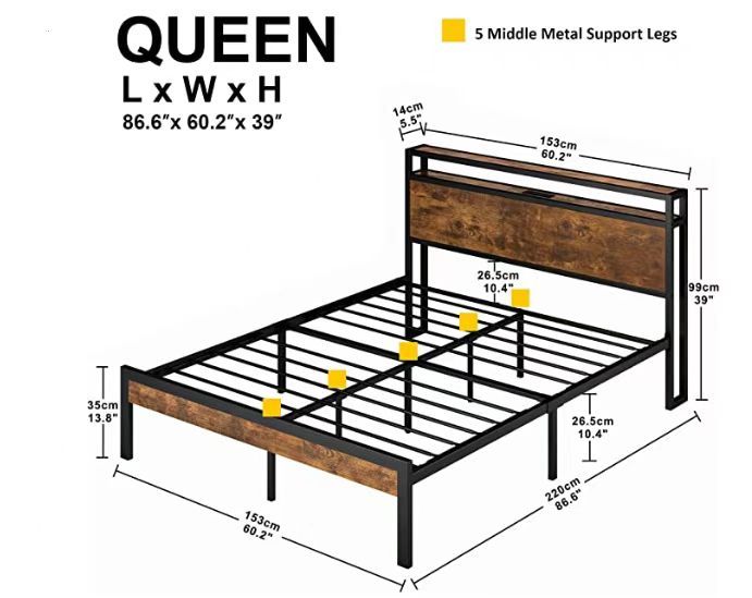 Stylish Queen Metal Bed Frame with Wooden Accents & USB Charging - No Box Spring Needed!