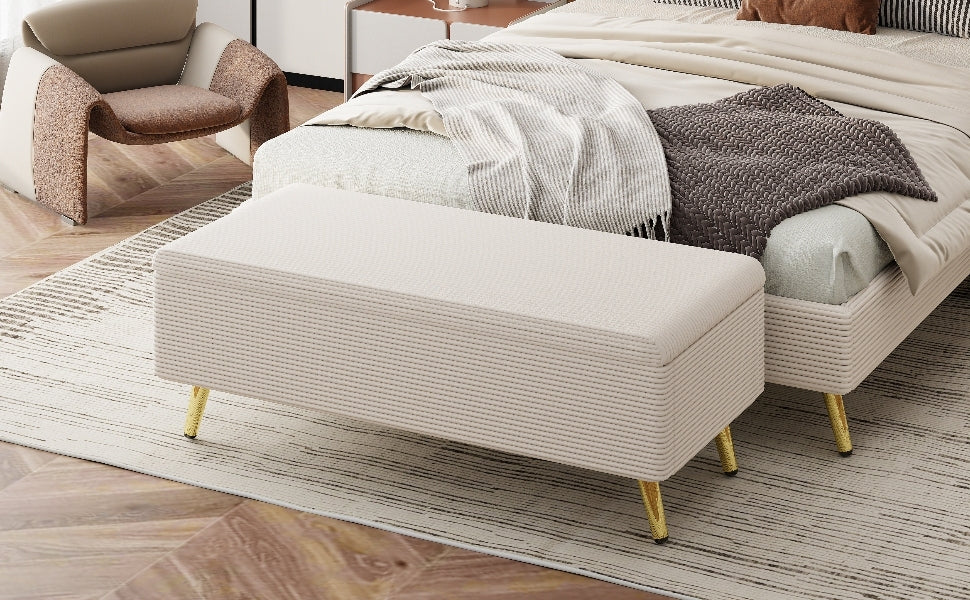 Chic Storage Ottoman with Metal Legs - Beige Corduroy Comfort