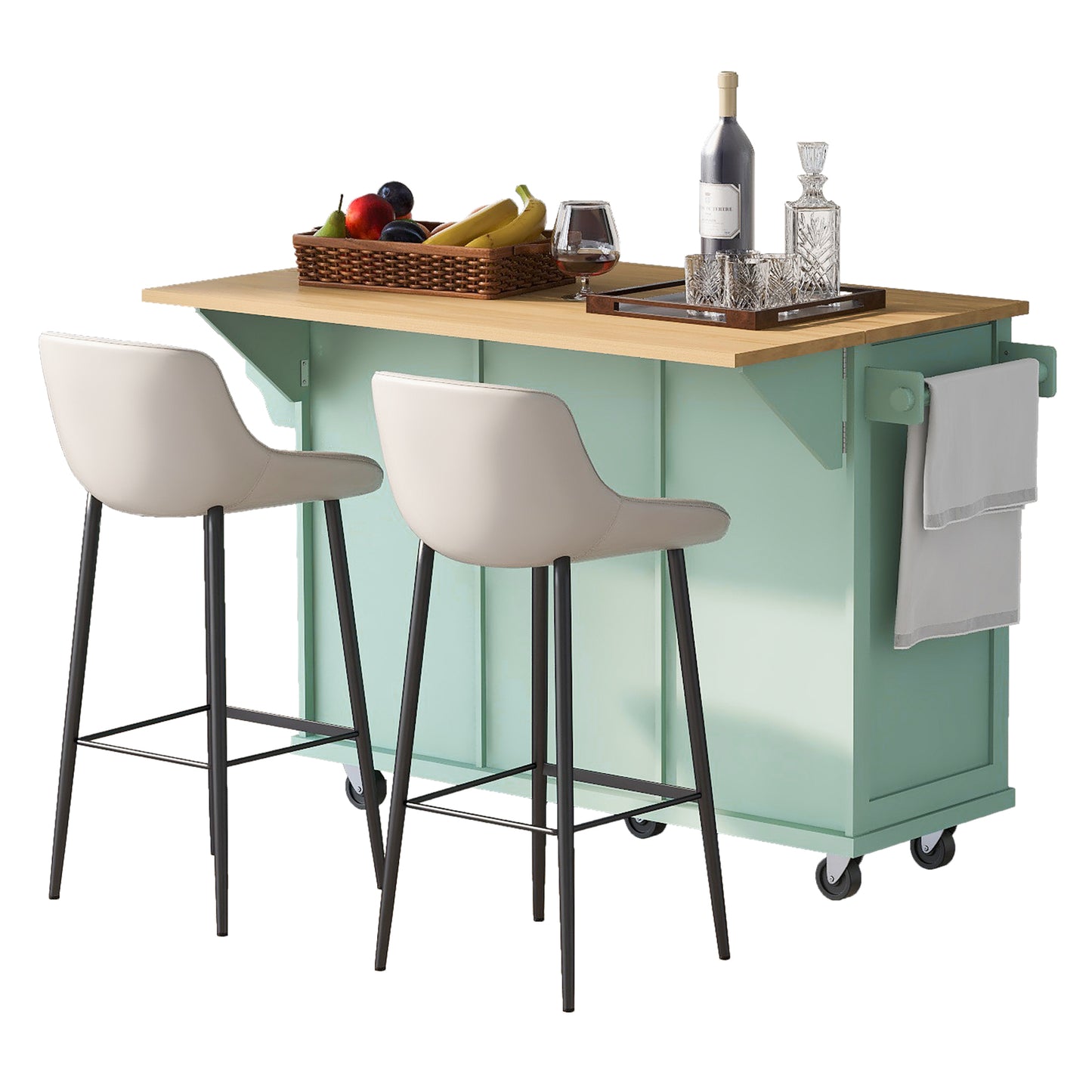 Mint Green Kitchen Island on Wheels with Drop-Leaf Countertop & Storage