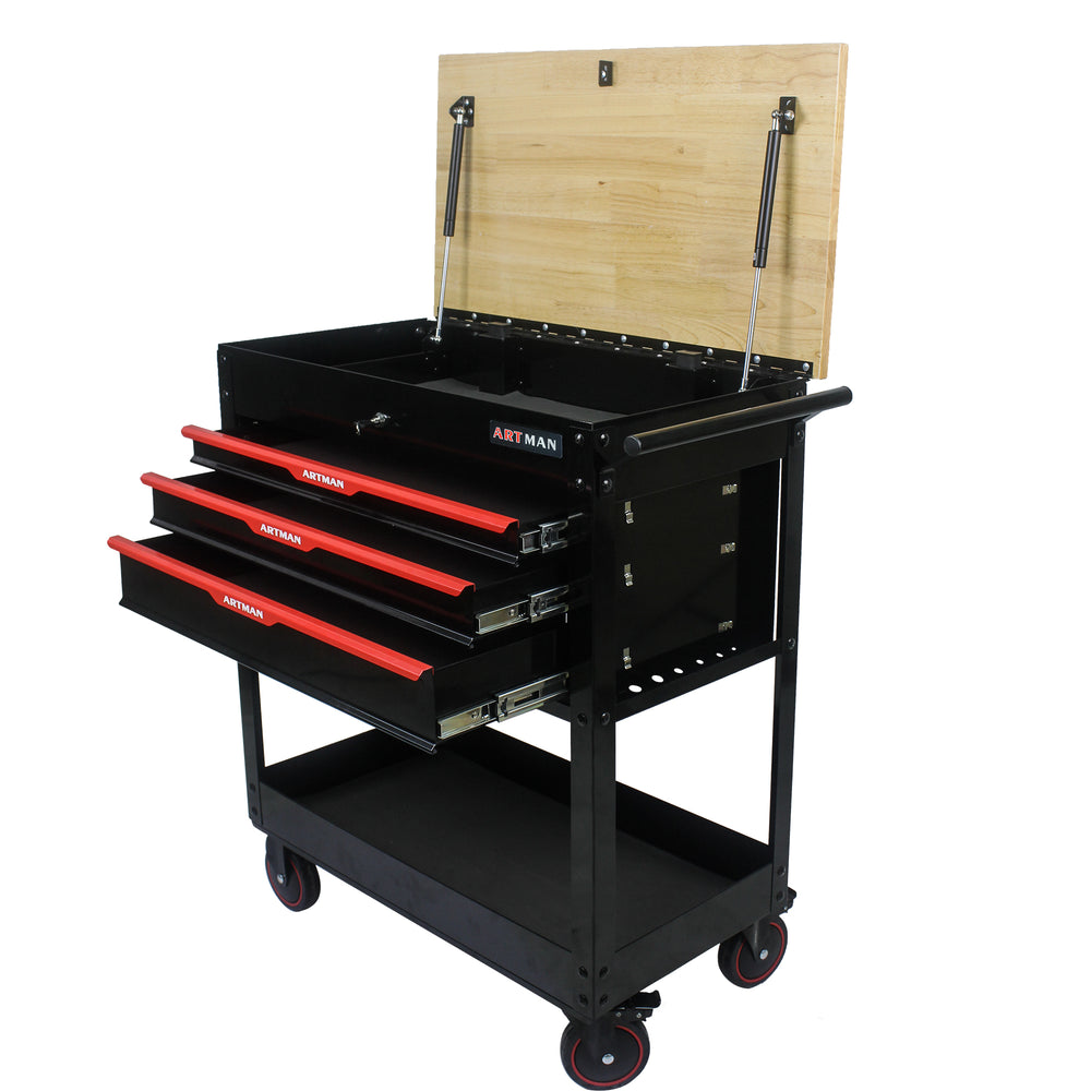 Rolling Tool Cart with Wooden Top and Storage Drawers