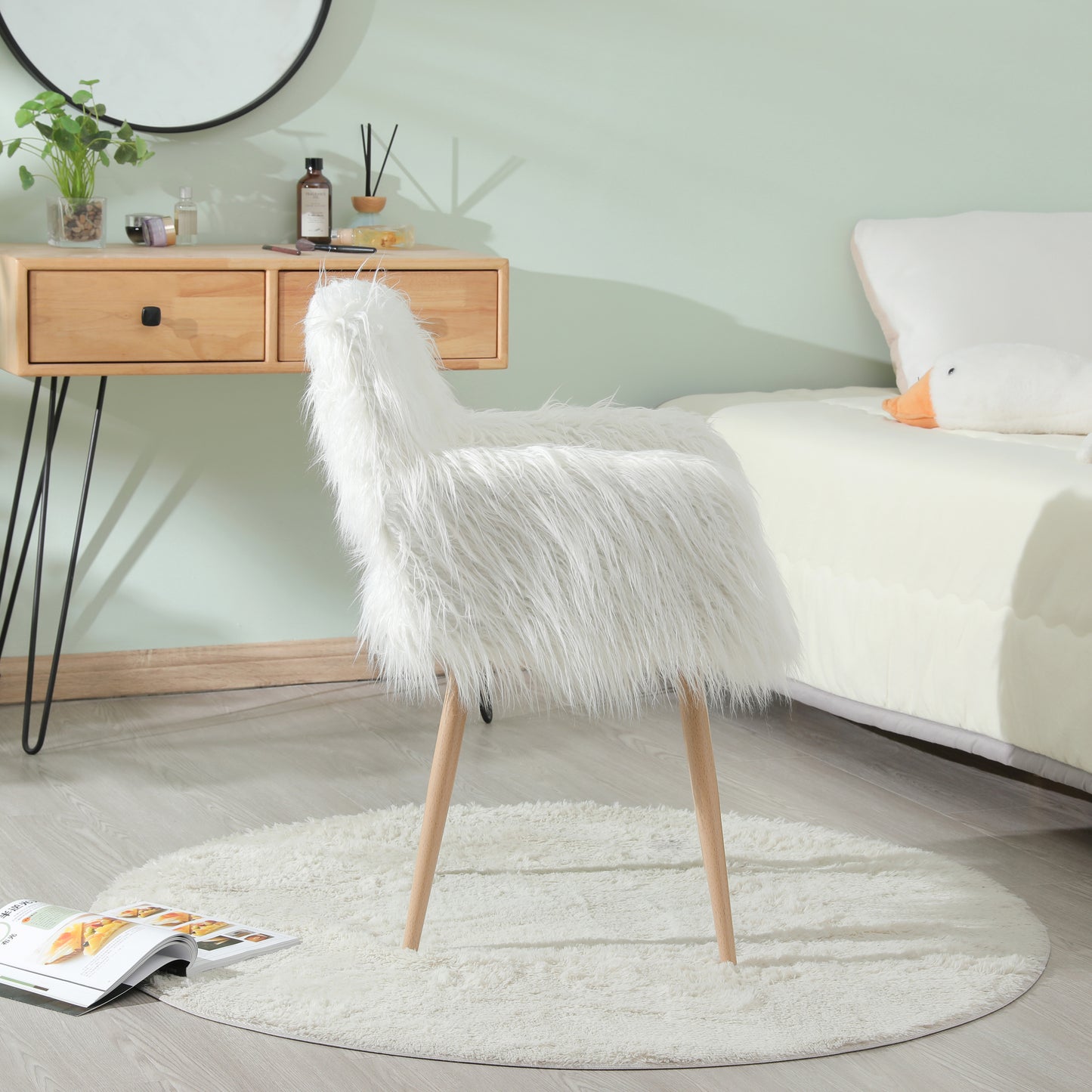 Chic White Faux Fur Makeup Chair with Metal Legs