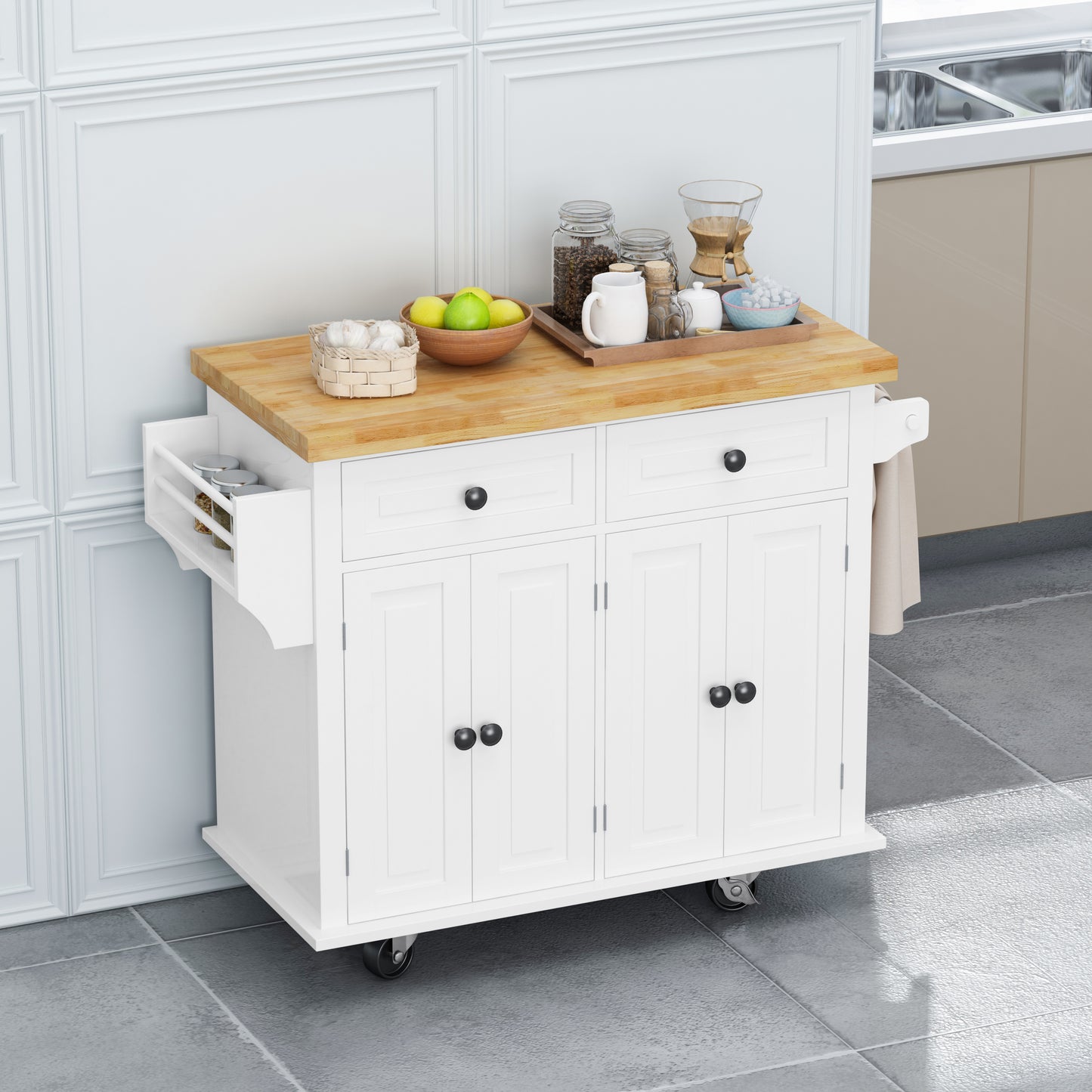 Versatile White Kitchen Island Cart with Storage & Locking Wheels