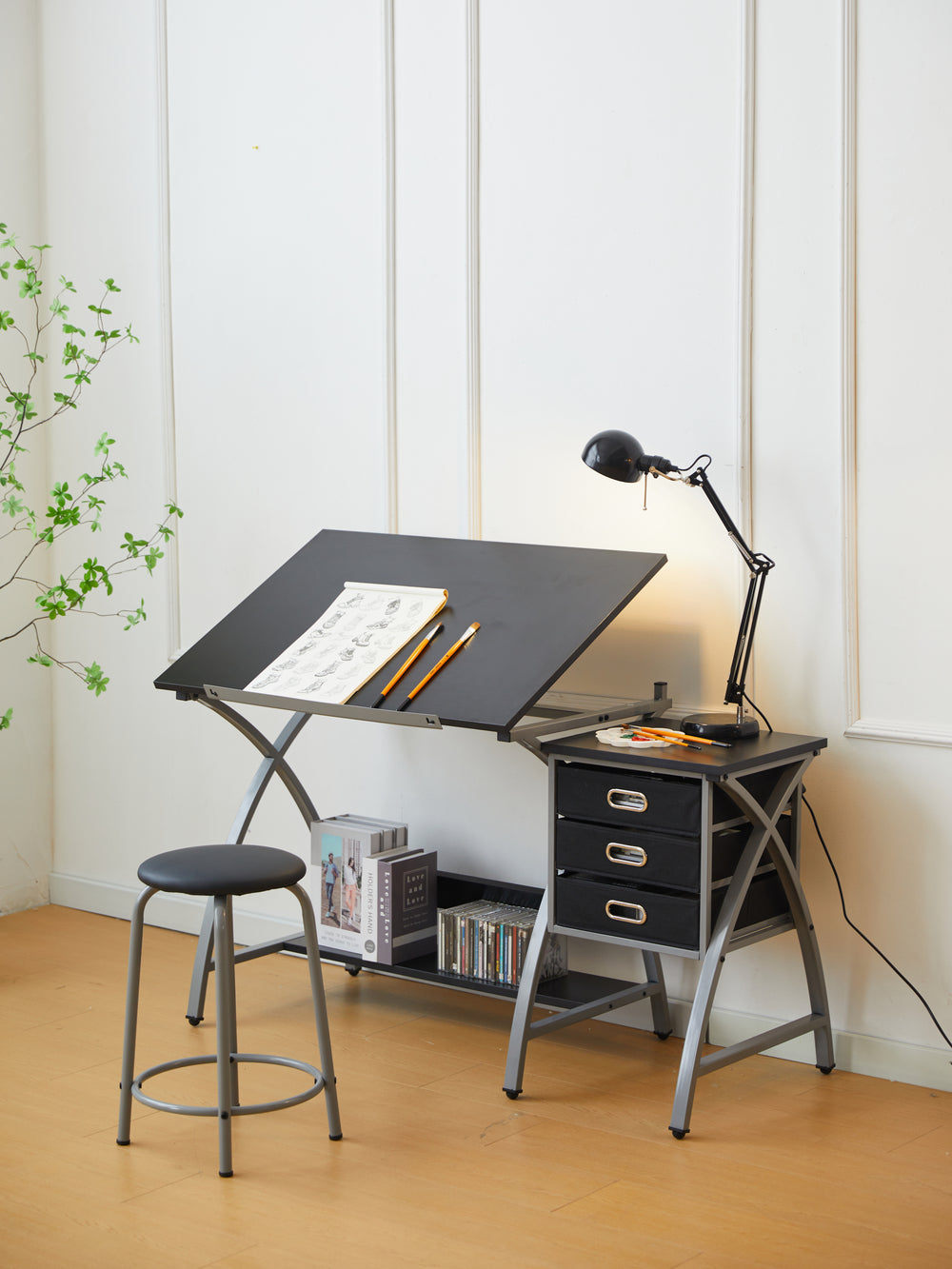 Sleek Drawing Desk with Stool