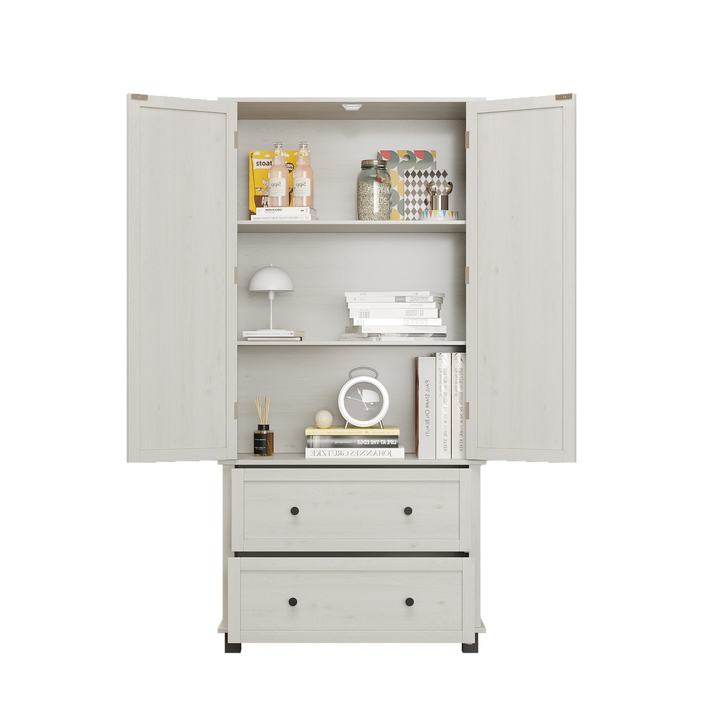 Elegant Pantry Storage Cabinet with Drawers and Shelves in Antique White