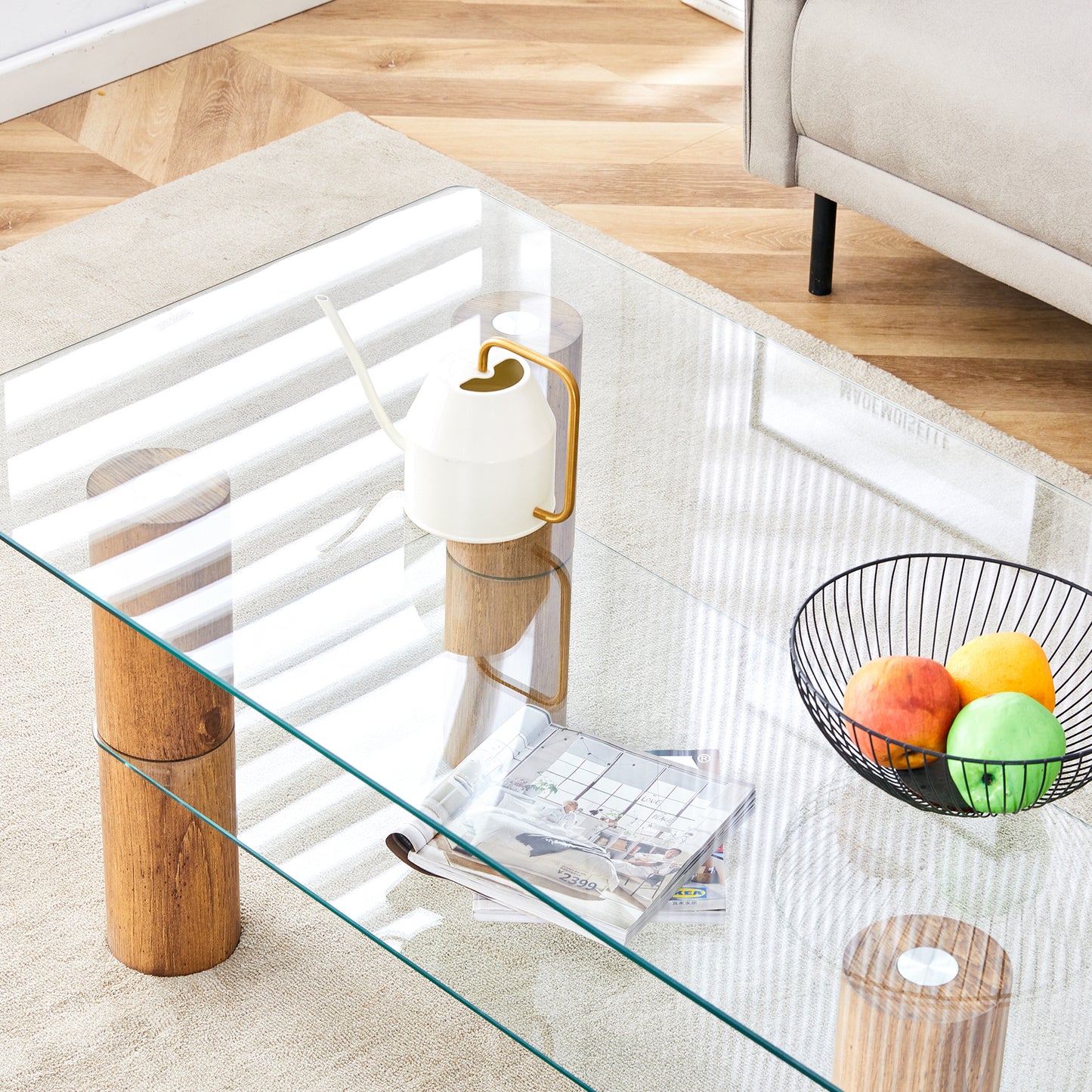 Sleek Dual-Layer Glass Coffee Table with Wooden Accents