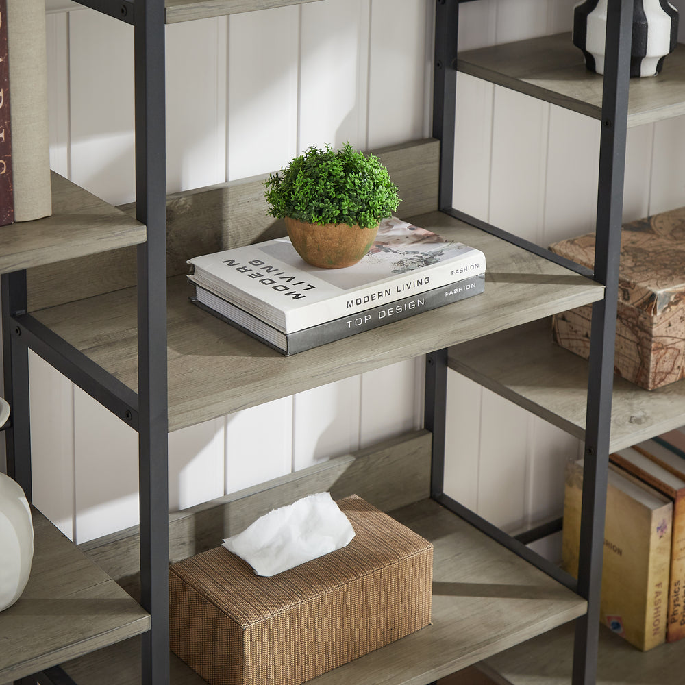 Industrial Triple Wide Wooden Bookshelf - Grey Retro Charm for Home & Office