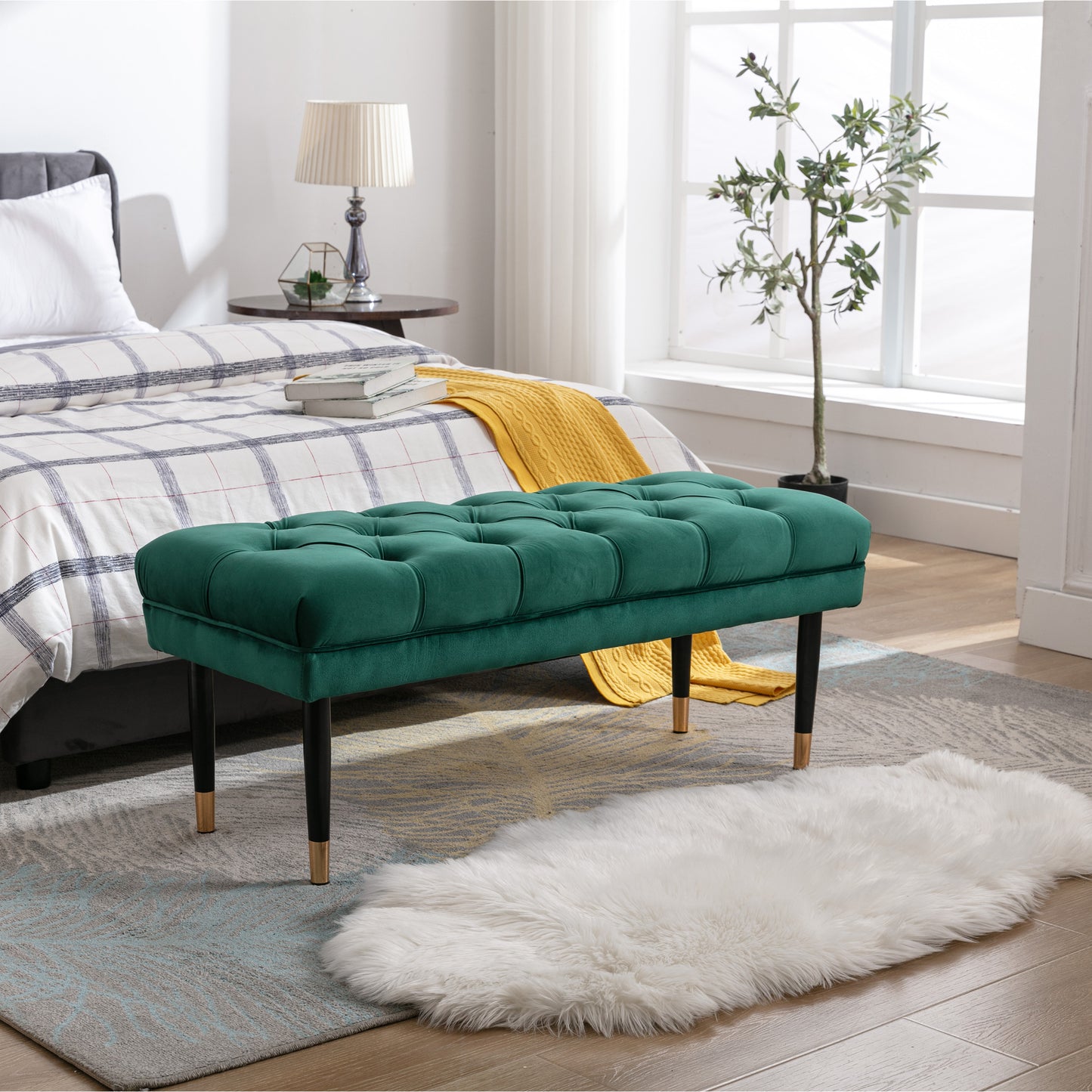 Velvet Button Tufted Bench - Chic Ottoman for Any Space in Green